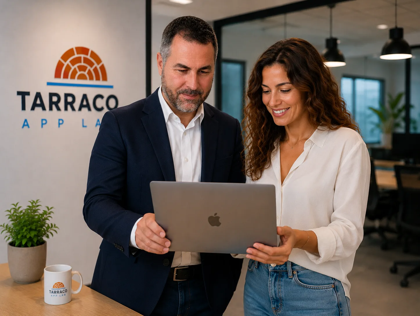 El equipo de Tarraco App Lab en la oficina, junto al logotipo de la marca
