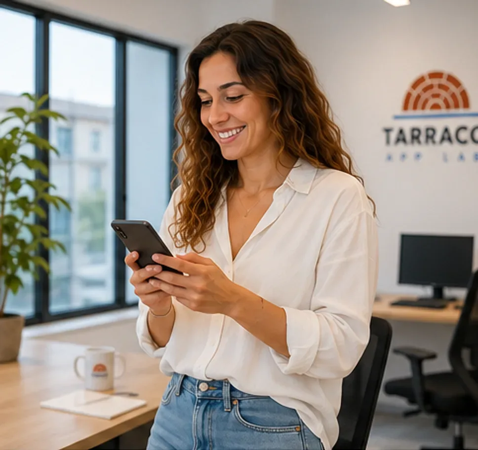Una integrante del equipo de Tarraco App Lab consulta el móvil en la oficina, ante el logotipo de la marca