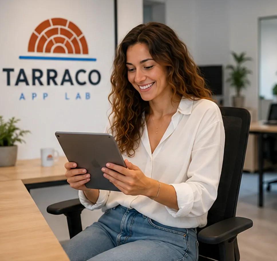 Una integrante del equipo de Tarraco App Lab revisa una tableta en la oficina, ante el logotipo de la marca